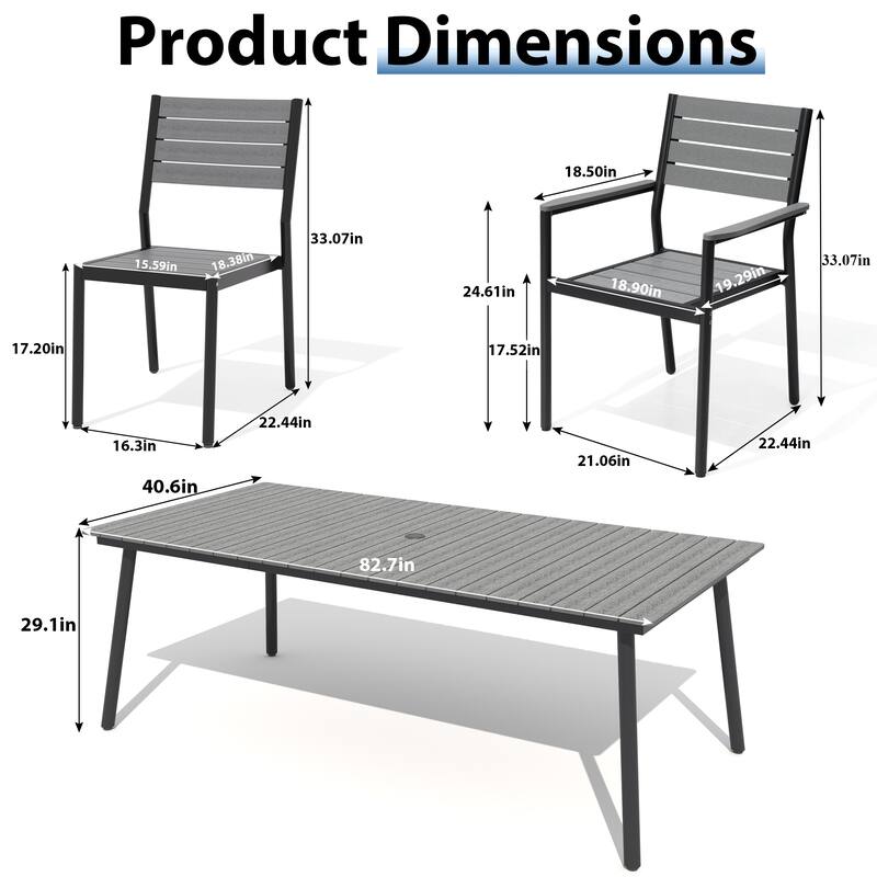 7-Piece Outdoor Patio Dining Set Wood-Like Table Top Alumium Umbrella Hole Table with Stackable Dining Chairs
