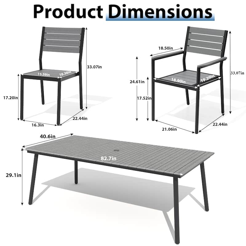VredHom 7/9-Piece Outdoor Patio Aluminum Dining Table with Stackable Chairs Umbrella Hole