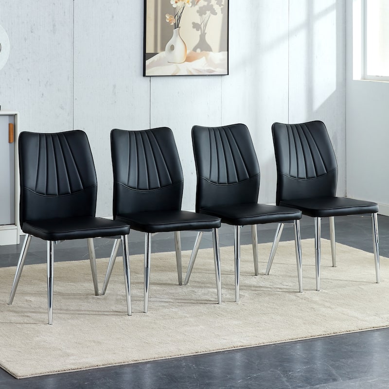 Roomfitters PU Dining Chairs with Silver Metal Legs, Mid-Century Modern Cushioned Set of 4 for Dining Room - Black+Silver