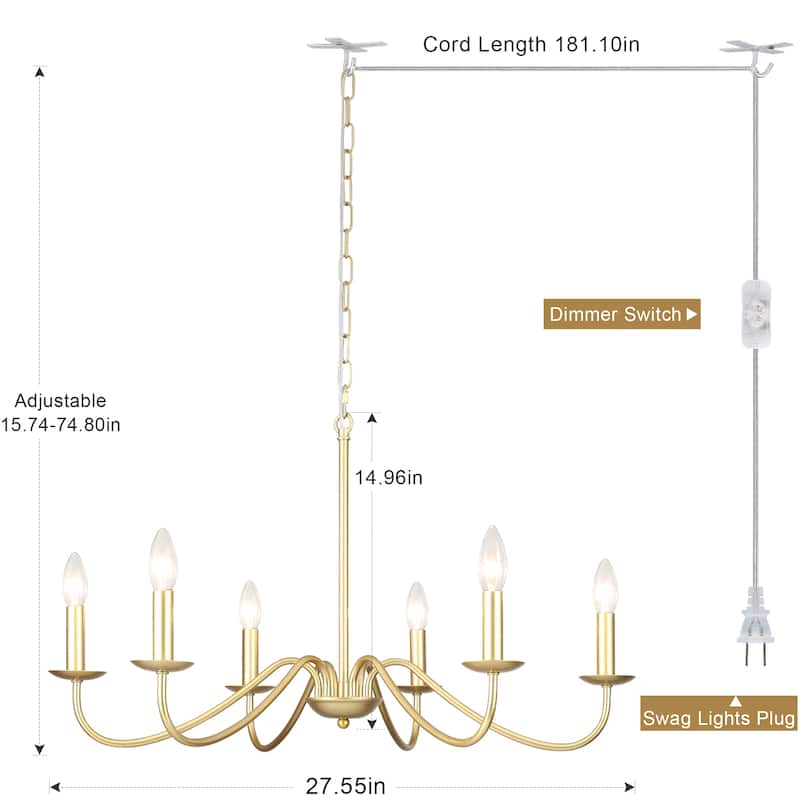 6-Light 27.55-inch Chandeliers with Plug in Cord for Bedroom Living Room