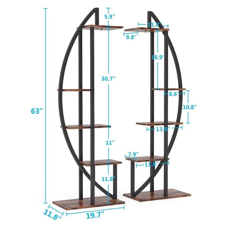 Black-Brown Wood Metal 10-Tier Curved Plant Display Shelf Stand - 19.7" x 11.8" x 63"