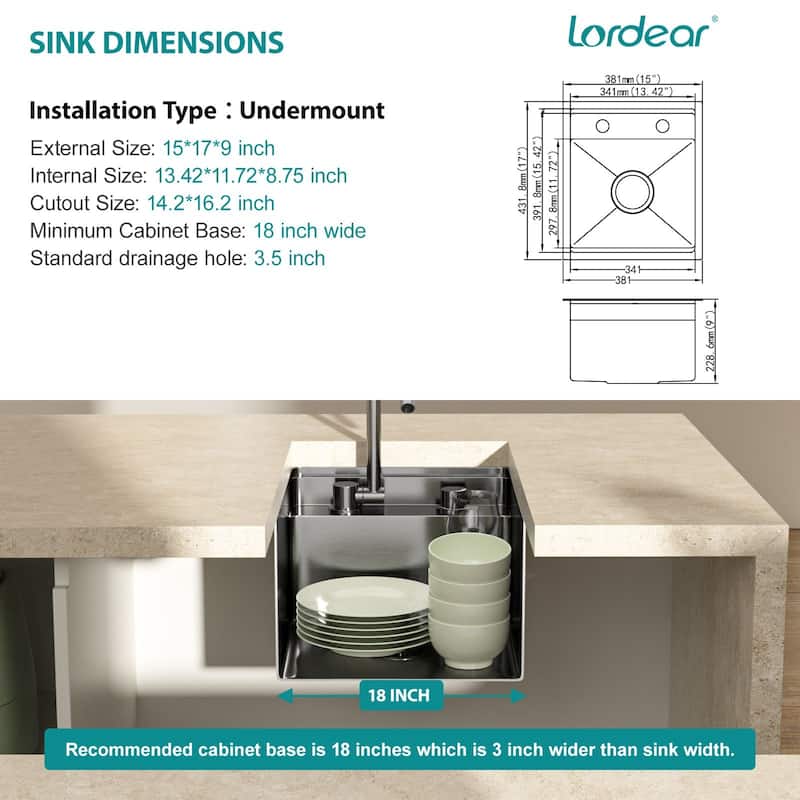 Lordear 17" Stainless Steel Sink Undermount Workstation Single Bowl Bar Sink or Kitchen Sink with Folding Faucet