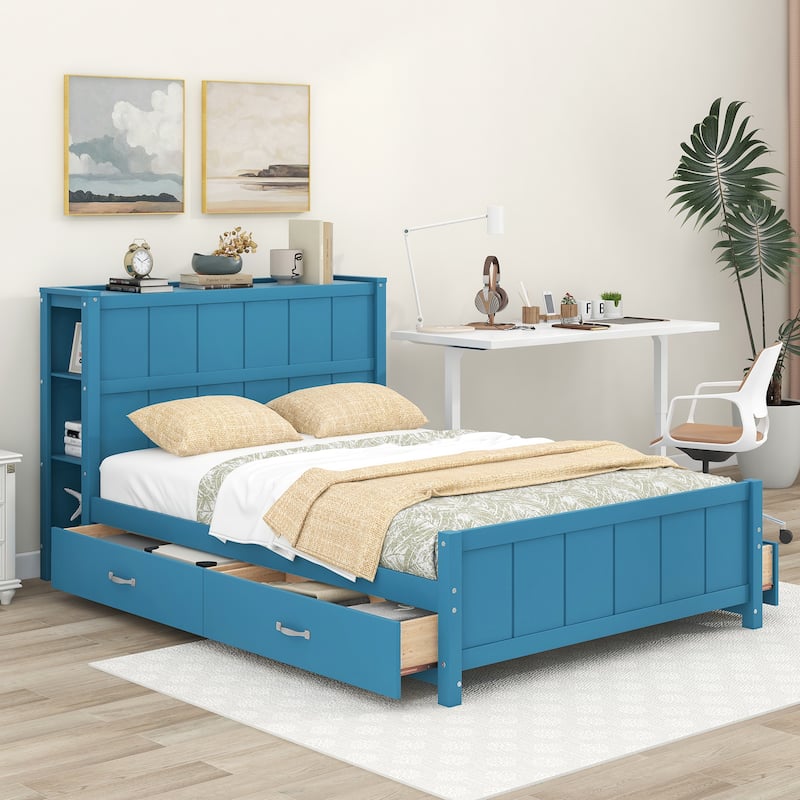 Full Size Platform Bed with Bookcase Headboard, Wooden Storage Bed