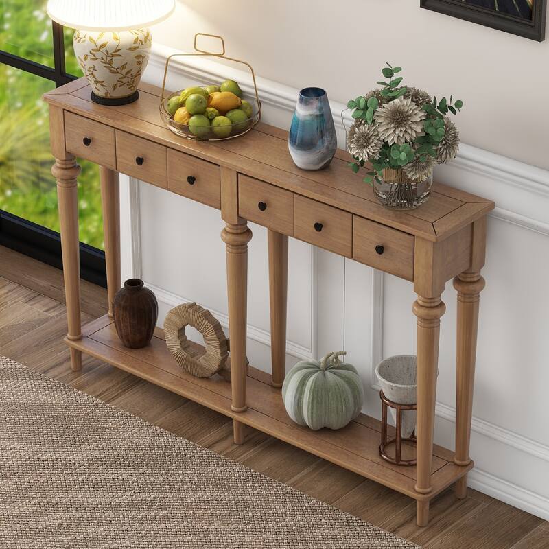 Versatile Hallway Table Old Pine Side Table with 4 Storage Drawers, Accent Table Sofa Table with Bottom Open Shelf - Old Pine