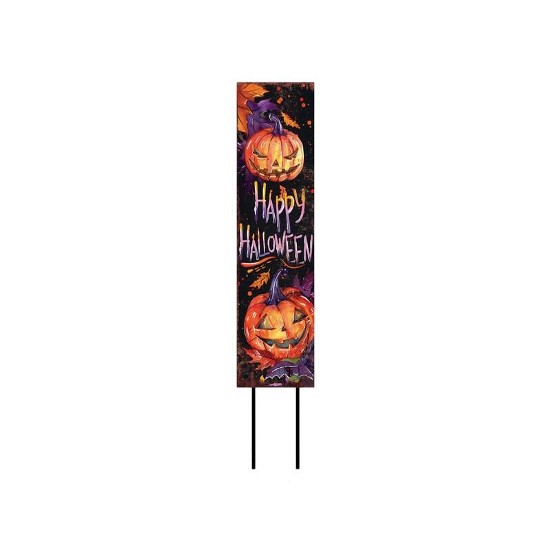 HomeRoots 42" Black Gold Orange And Purple Solid Wood Halloween And Thanksgiving Reversible Garden Stake