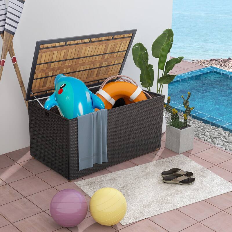 Gymax 134 Gallon Patio Wicker Storage Deck Box w/ Solid Acacia Wood