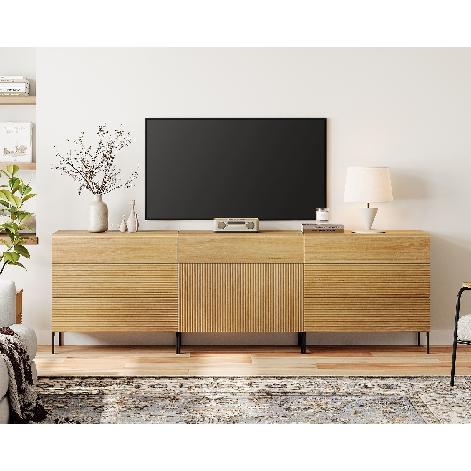 Modern Reeded Dresser TV Stand For Tvs Up To 100 Inch, Entertainment Center With Drawers