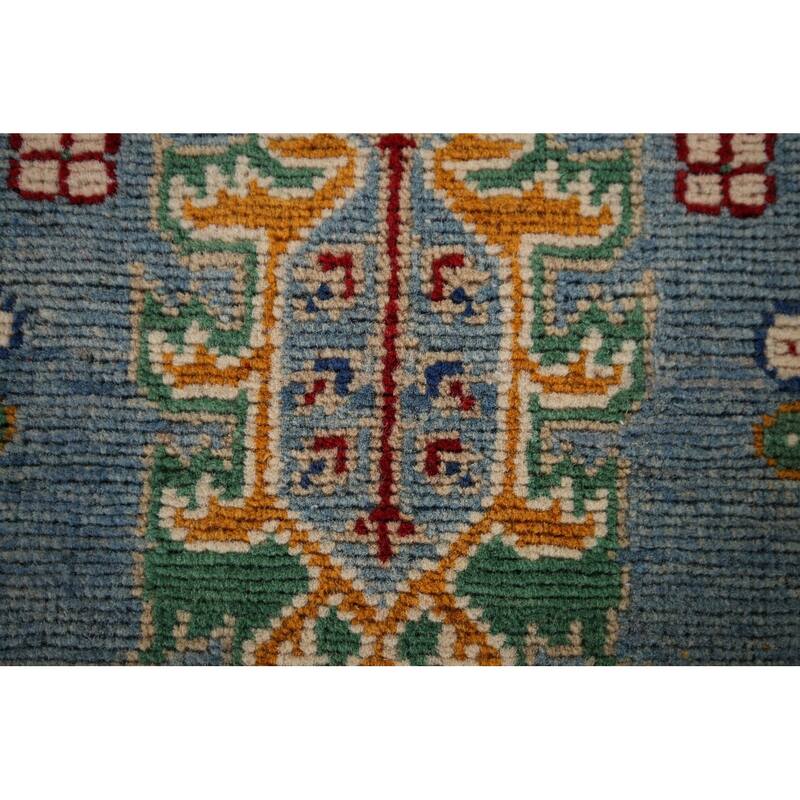Light Blue Kazak Oriental Runner Rug Handmade Geometric Wool Carpet - 2'7" x 12'7"