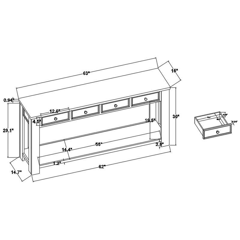 63" Pine Console Table with 4 Drawers & Open Bottom Shelf, Classic Retro Long Entryway Table Sofa Table for Living Room Entryway