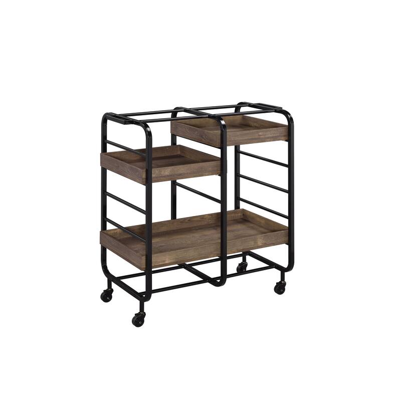"Modern Serving Cart with 3 Adjustable Wooden Trays, Black & Walnut Finish, Metal Open Frame, Rolling Casters"