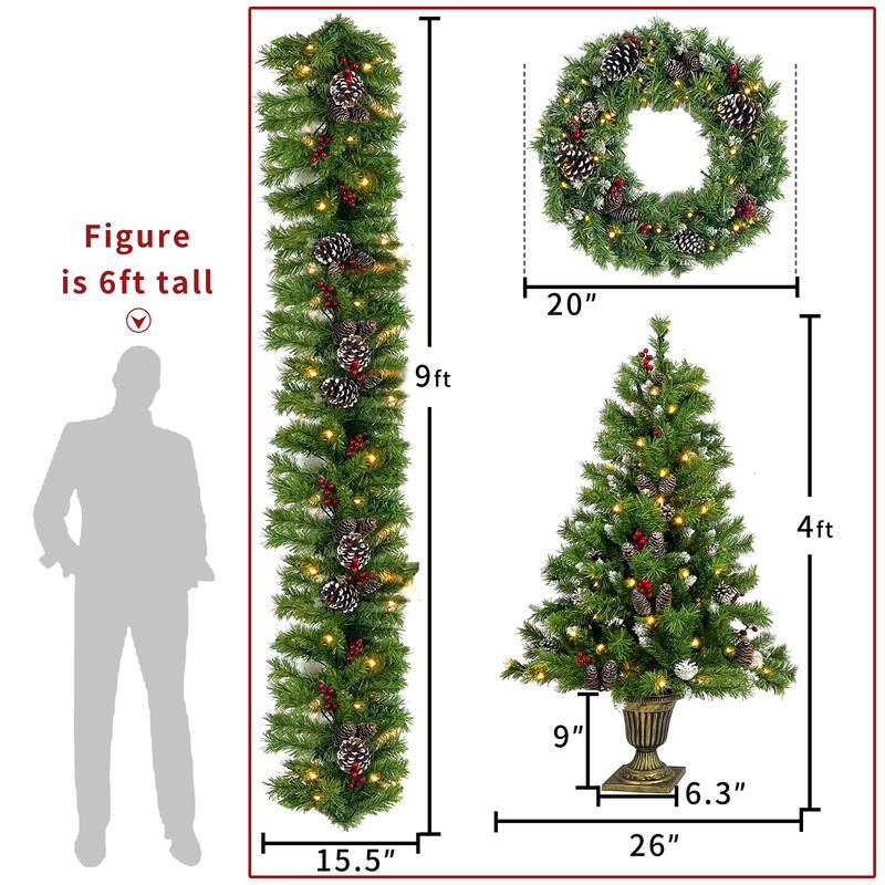 Pre-lit Xmas Tree Artificial Christmas 4-Piece Set in Green