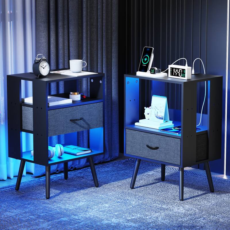 2 Pack Modern LED Nightstand with Charging Station and Fabric Drawers - Black