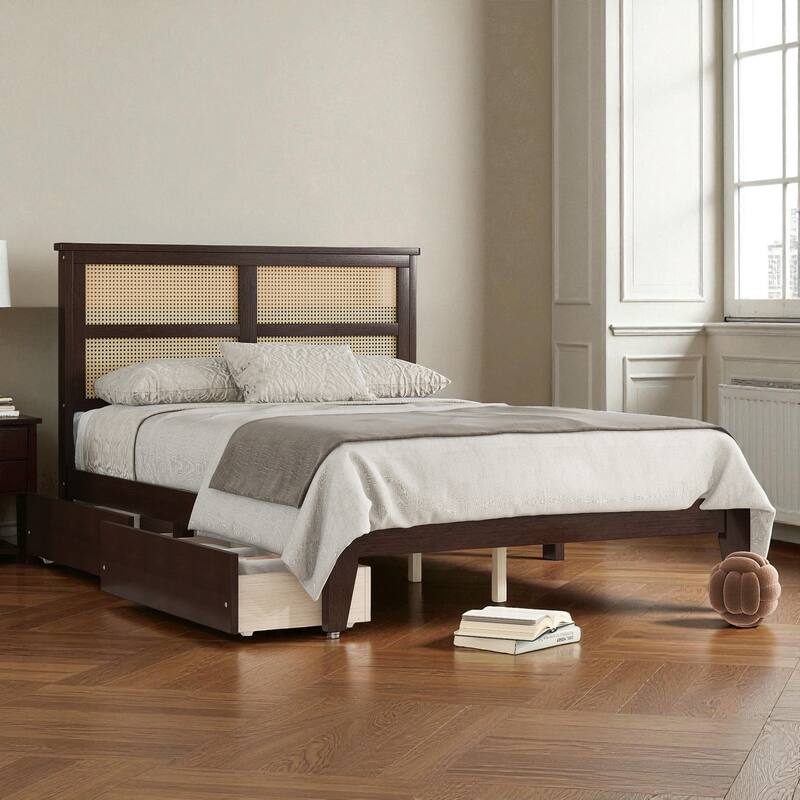 Full/King Size Rubber Wood Bed with Rattan Headboard and 2 Storage Drawers, Solid Frame with Reinforced Support Slats and Feet