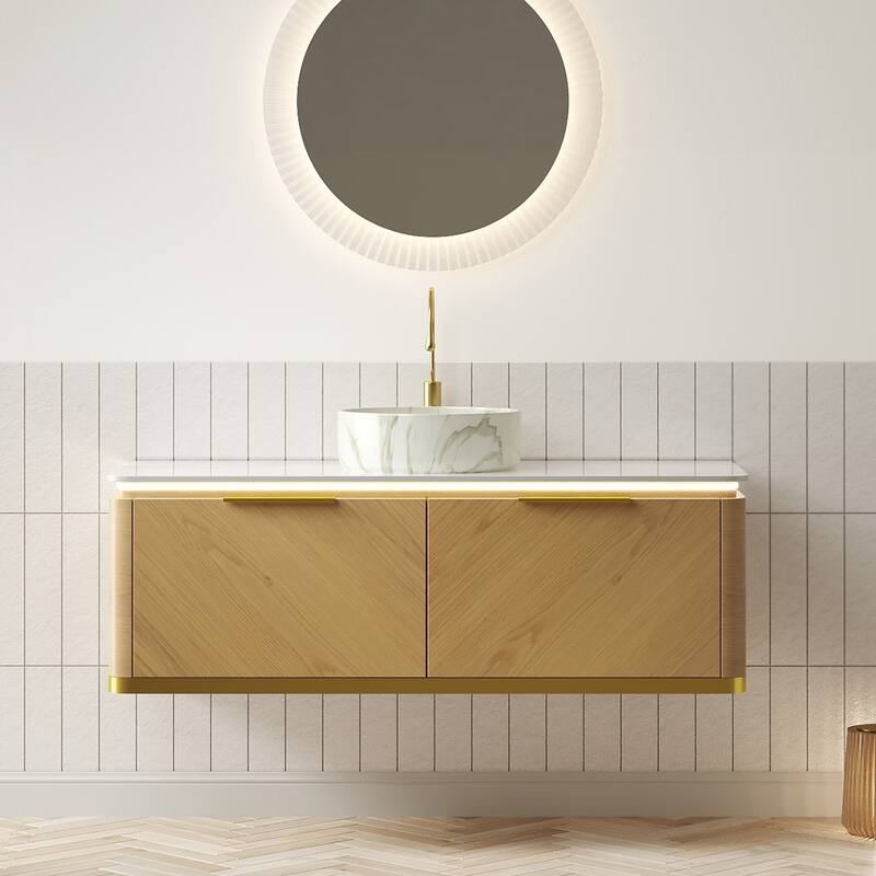 GDFStudio - Dipa Modern 48" Floating Bathroom Vanity with Sensor Light, Drawers & Marble Pattern Ceramic Basin, WITHOUT Faucet - Corolla Oak