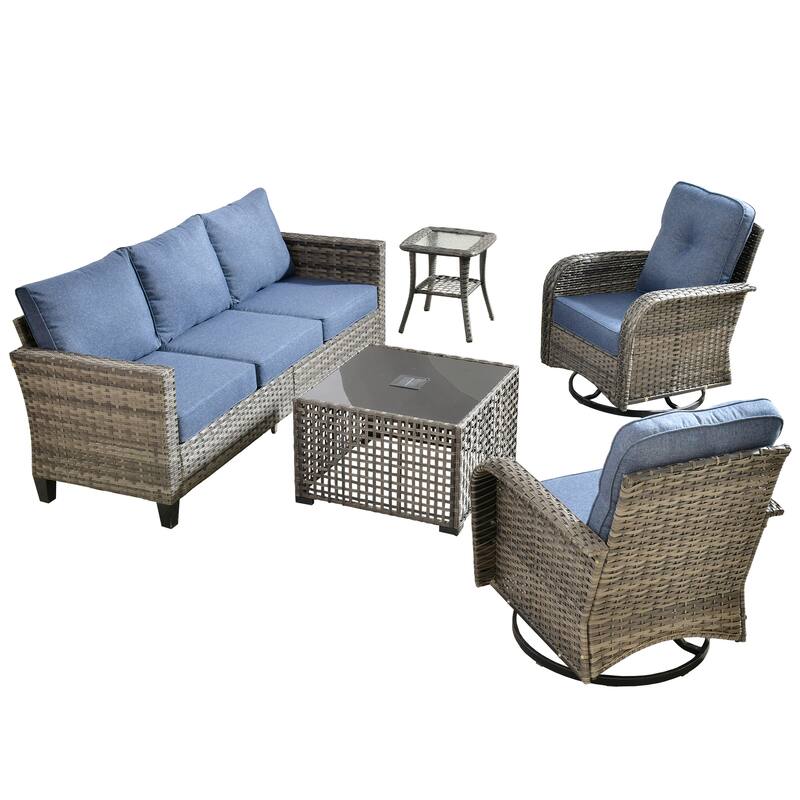 HOOOWOOO 5-piece Outdoor Swivel Chair Set Patio Conversation Set with Solar-powered Table