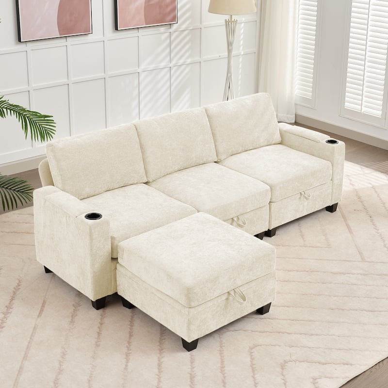 Chenille Storage Sofa, 3 Seats with a Removable Ottoman