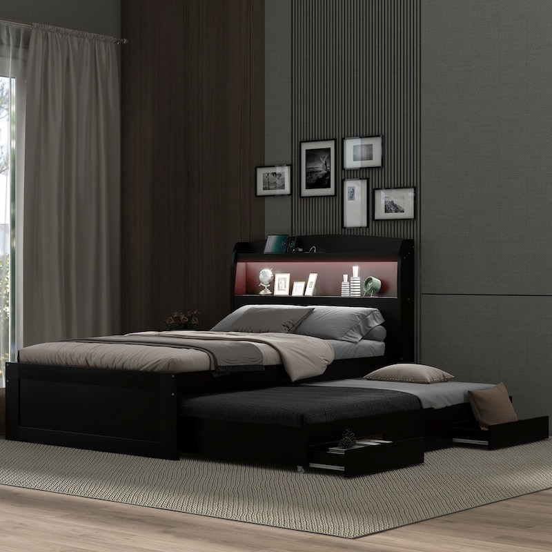Full XL/Twin XL Platform Bed with Storage LED Headboard, Charging Station, Twin Size Trundle and 2 Drawers