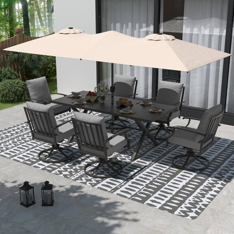 Kullavik 8 Pieces Outdoor Dining Set with 6 Swivel Chairs, X-Leg Table and Double-Sided Umbrella