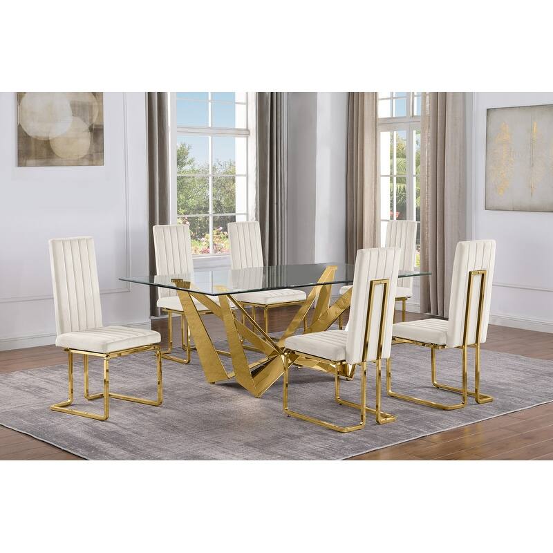 Best Quality Furniture D400/1-SC340-7 Dining Set with 78" 12mm Glass with Bevel - 7-Piece - Cream / Gold