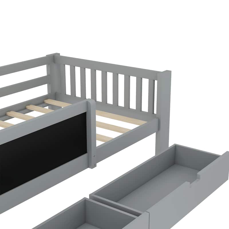 Childlike Fun Solid Wood Low-profile Platform Bed Storage Bed Frame with Side Chalkboard, Open Shelves, Drawers and Guardrails