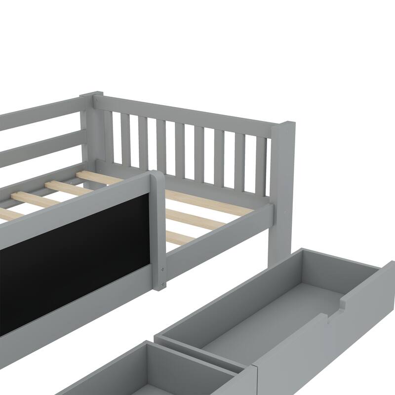 Wooden Platform Bed Frame with Storage Headboard, 2 Drawers and Chalkboard