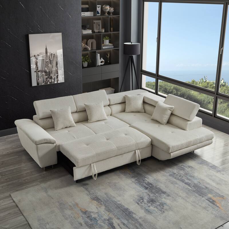104.3" Pull Out Corduroy Sofa Bed with Storage Chaise
