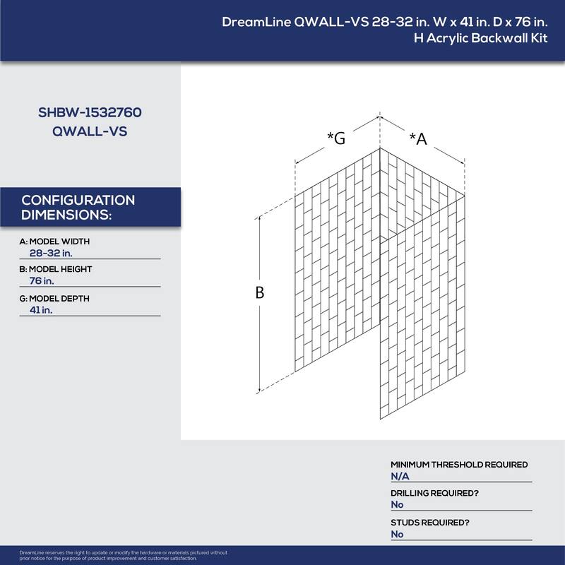 DreamLine QWALL-VS 41-1/2 in. D x 28-32 in. W x 76 in. H Acrylic Backwall Kit