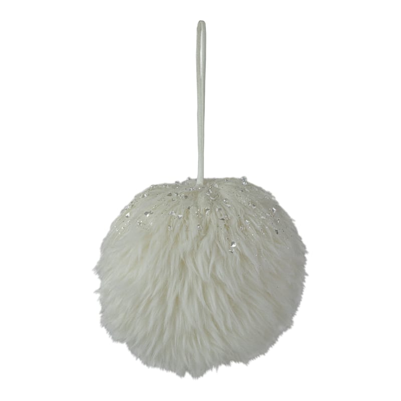 4-Inch White Faux Fur Hanging Christmas Ball Ornament - 4"