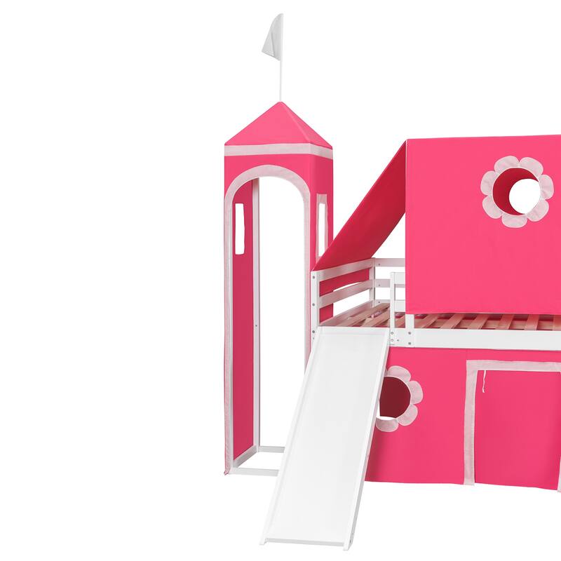 Castle Frame Bed Wood Loft Bed Loft Bed Convertible To Mini Playground with Pink Tent and Tower, Child Bed Tent