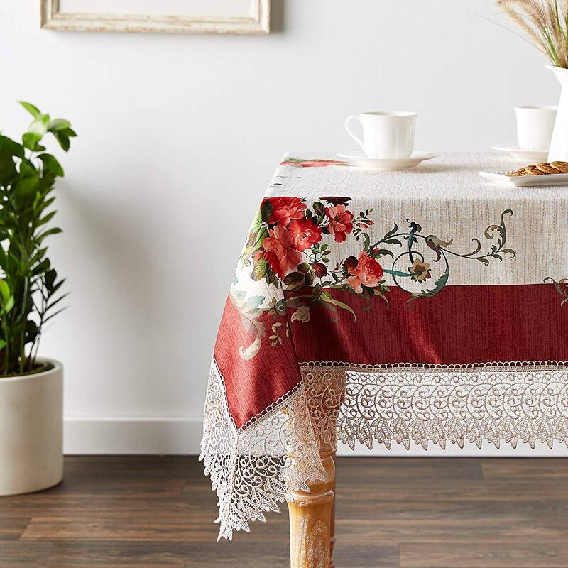 Violet Linen Ascott Printed Decorative with Lace Trimming Pattern Tablecloth - 52" X 70" - Burgundy