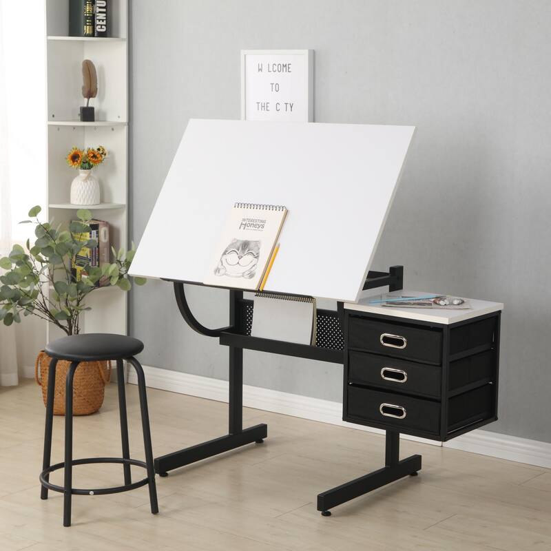 White tabletop Adjustable drafting drawing table for Crafting, Reading, Writing with stool and 3 Storage drawers