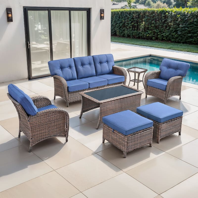 TWrap 7-Piece Patio Brown Wicker Sofa Conversation Set with 5-Inch Thick Cushions