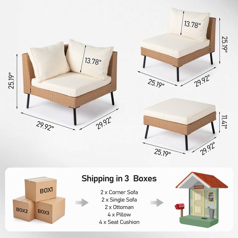 Patio 6-Piece Wicker Sectional Sofa Set with Corner & Ottomans, Adjustable Iron Feet