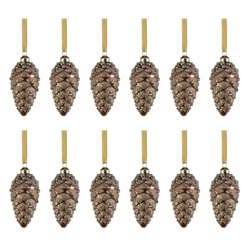 Wolly Glass Pine Cone Hanging Ornaments, Set of 12 - 4.75"