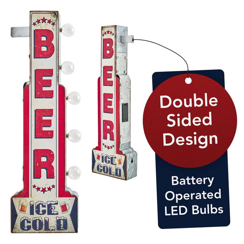 Metal LED Ice Cold Beer Marquee Wall Sign - 28" x 9" x 3" - Red