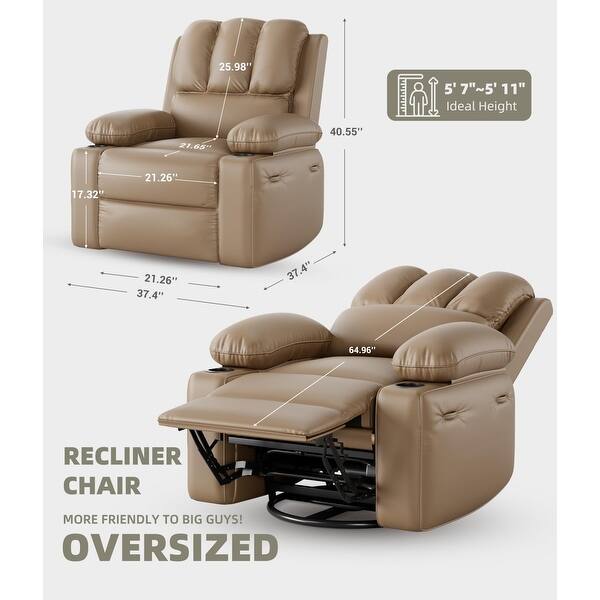 dimension image slide 2 of 5, 37.4" Oversized Manual Recliner with Heat and Massage, 360 Swivel Rocking Chair 21.3" Seat with Cup Holder