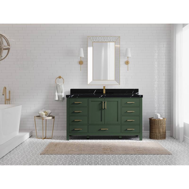 Willow Collections 60 in. W x 22 in. D Malibu Single Sink Bathroom Vanity with Countertop - 2" Calacatta Black - Lafayette Green