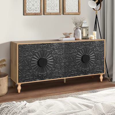 Black+Natural Buffet Cabinet Carved Doors Storage Cabinet Console Table