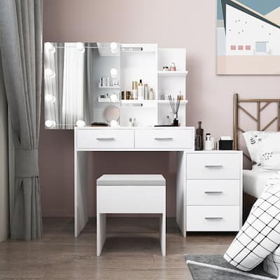 31.5" Wide Makeup Vanity Set with Stool and Mirror,White