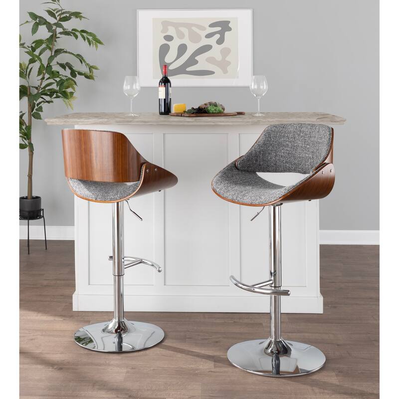 Carson Carrington Svetlana Adjustable Bar Stool with Rounded T Footrest (Set of 2) - Bar height/Bar Height - Chrome, Walnut Wood, Grey Noise Fabric - Set of 2