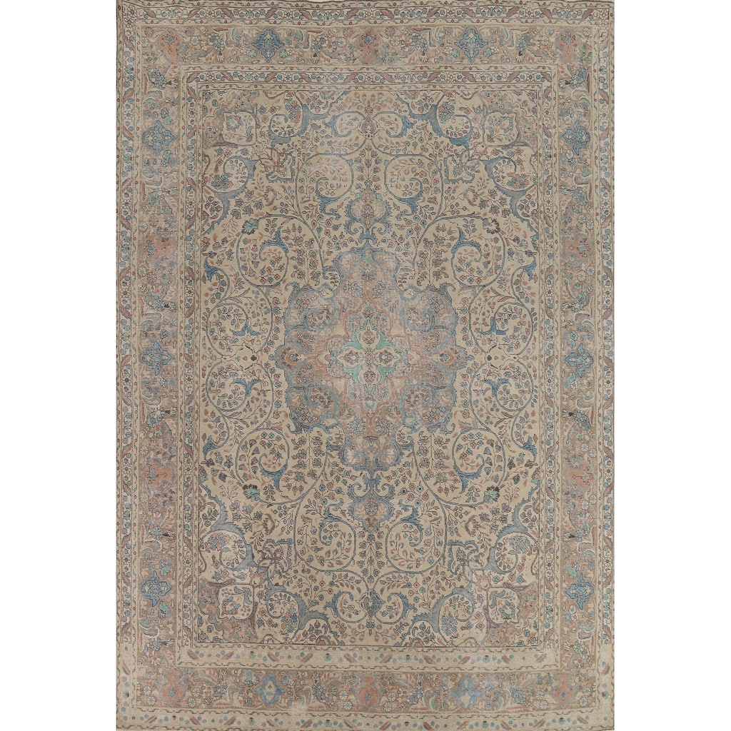 Floral Beige Tabriz Persian Vintage Area Rug Hand-Knotted Wool Carpet - 9'8" x 12'8"