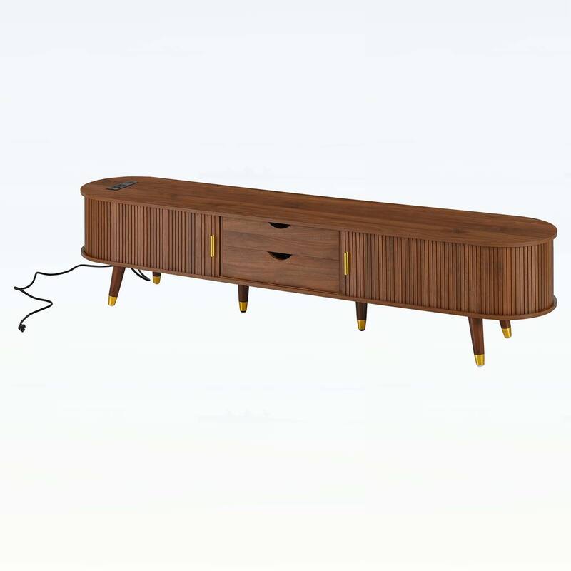 Wooden Oval Fluted TV Stand with Charging Station,Sliding Tambour Door,and Ample Storage for Living Room