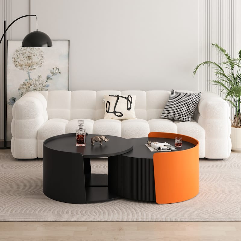 Modern Nesting Coffee Table Side Table with Retractable Sliding Tabletop and Storage Cabinet, for Living Room, Black