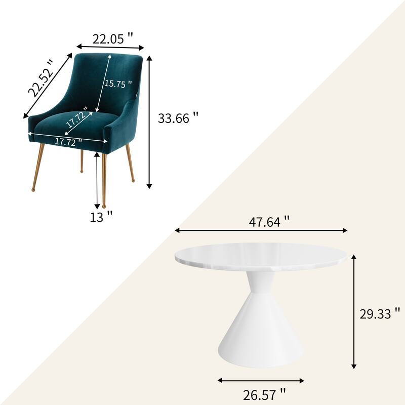 48" Light Luxury White High Gloss Large Countertop Dining Table with Velvet Dining Chair Set