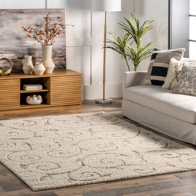 Nuloom Cream Machine-made Vine Swirls Shag Rug - Overstock - 22965041