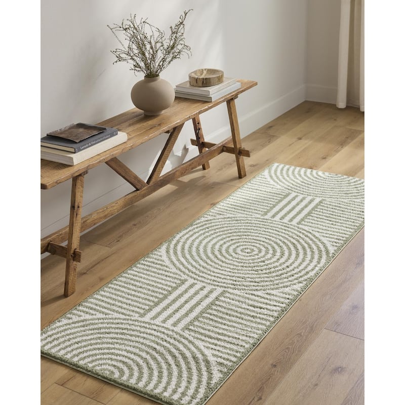 Livabliss Scandinavian Fossay Shag Stripe Washable Area Rug - 7'10" x 10' - Light Beige/ Grass Green