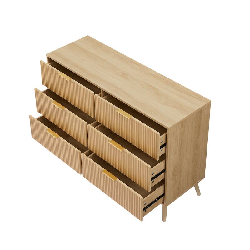 Anmytek Natural Wooden 6-Drawer Double Dresser with Wavy Drawers