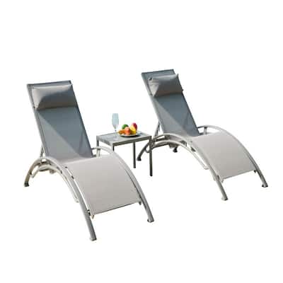 3 Piece Aluminum Chaise Lounge Set, Adjustable Recliners with All Weather Side Table for Pool, Deck, Backyard