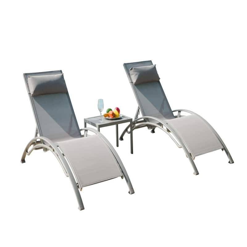 3 Piece Aluminum Chaise Lounge Set, Adjustable Recliners with All Weather Side Table for Pool, Deck, Backyard