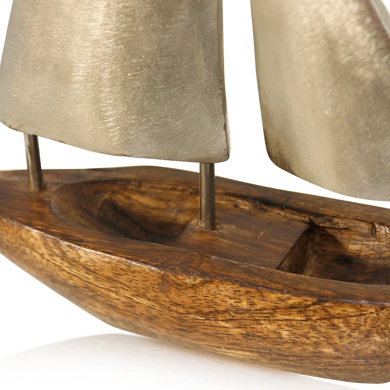 Small Pewter Sails - Natural Stained Wood Base Boat Sculpture with Pewter Metal Sails